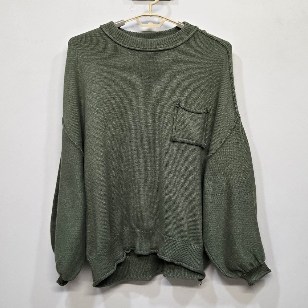 Olive Green Oversized Sweater Womens Plus Size 1XL Cotton Rolled Seams Lagenlook - Picture 4 of 9